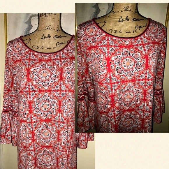 MAX STUDIO RED SILKY KNIT DRESS,BOHO PRINT~MEDIUM - Picture 4 of 5
